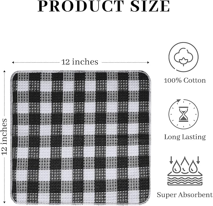 Blue Needles Set of 8 Waffle Weave Check Plaid Dish Cloths, 12x12 Inches 100% Cotton Dish Towels for Kitchen, Ultra Soft & Absorbent Kitchen Towels for Quick Drying Spring Summer - Black & White