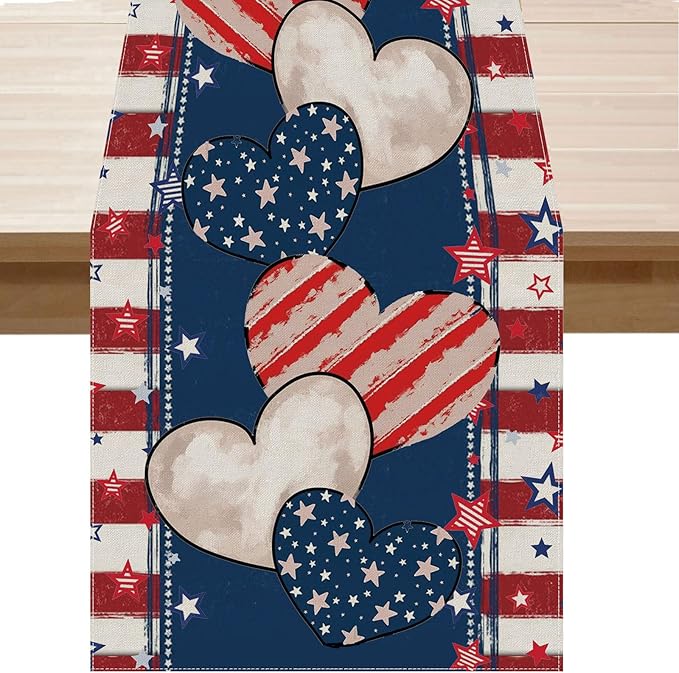 4th of July Table Runner Stripe Stars Heart Memorial Day Independence Day Patriotic America Table Decoration Home Kitchen Dining Indoor Holiday Farmhouse Decor 13x60 Inch