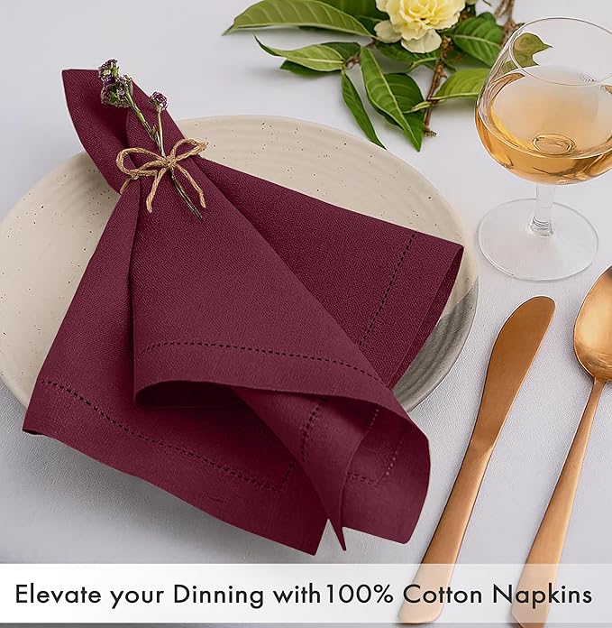 Ruvanti Cloth Napkins Set of 12, 100% Cotton High GSM 18x18 Inches, Hem Stitched Corners, Soft, Washable, Highly Durable & Absorbent, Perfect for Parties, Christmas, Thanksgiving Dinners – Burgundy