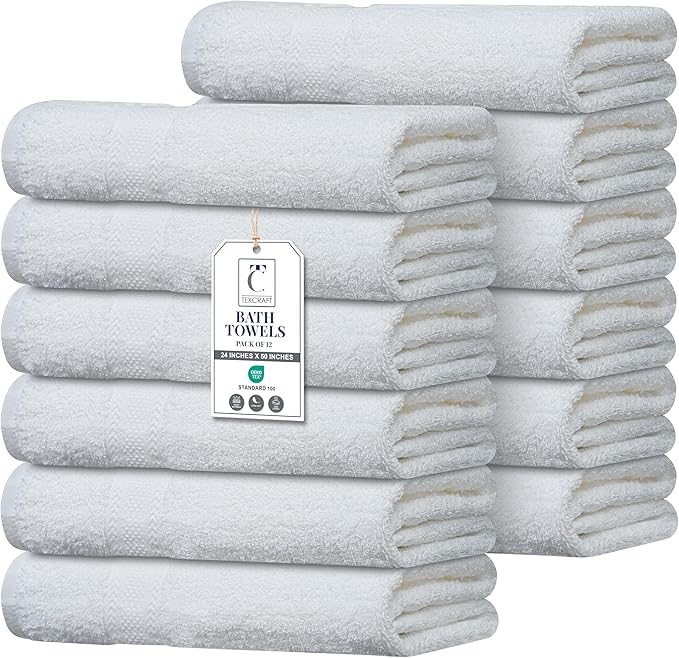 Commercial Bulk Pack of 12 Large Bath Towels – 100% Cotton Terry 24" x 50" – Ideal for Hotels, Salons, Gyms, Spas & Institutional Use – White