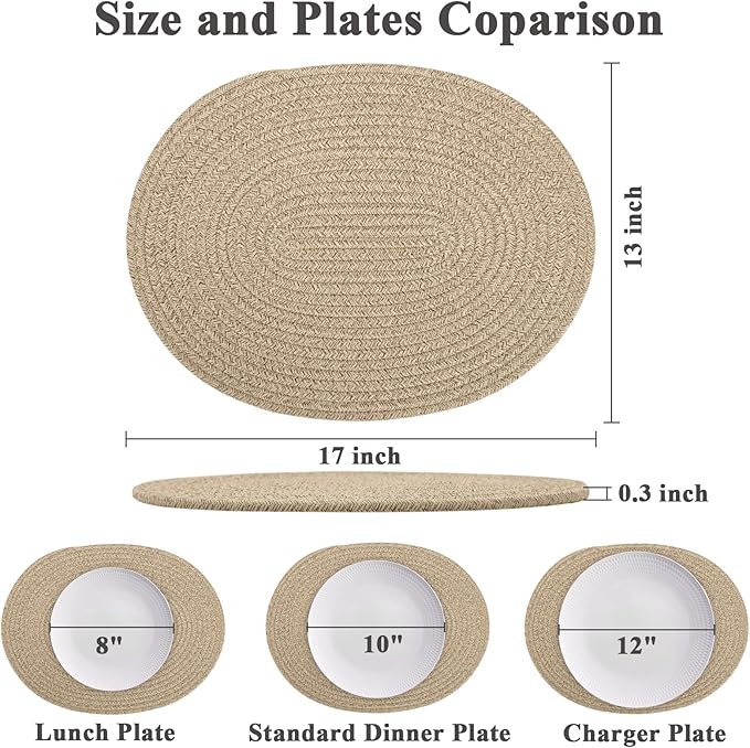 Oval Woven Placemats Set of 6, Boho Cotton Rope Braided Table Mats, 17x13 Inches Non Slip Heat Resistant Place Mats for Dining Room, Thick Hot Pads for Farmhouse Kitchen Table Decor. (Brown)