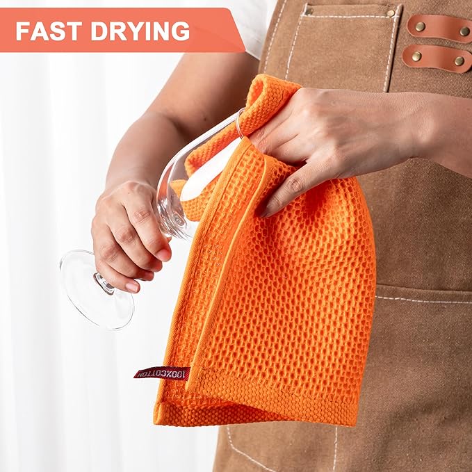 BOOMIBOO 6-Pack Kitchen Dish Cloths, 100% Cotton Waffle Weave, Ultra Soft Absorbent, Quick Drying Dish Towels, 12x12 Inches,Orange