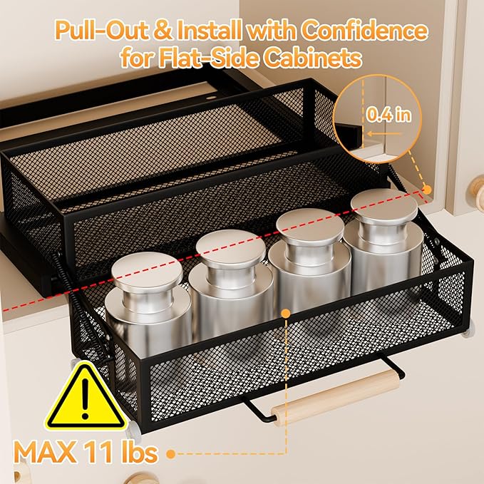 HOUSE AGAIN Pull Out Cabinet Organizer, Recessed 2-Tier Drop Down Storage for High/Deep Cabinets, Compact 12-Inch Hidden Organizer for Spices, Snacks and Small Bottles (Black)