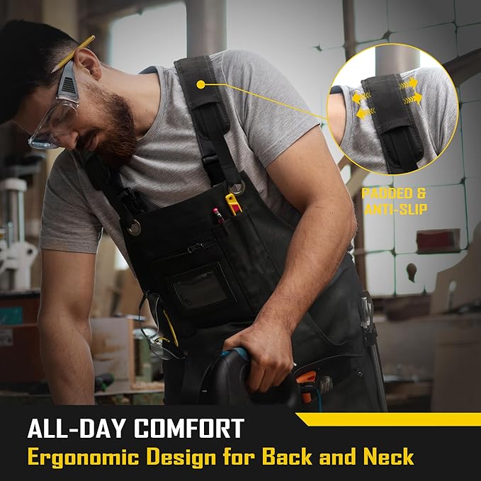 COOLJOB 16oz Waxed Canvas Work Apron with Tape Holder, Deep Pockets and Adjustable Strap, Men's Oversized Shop Apron
