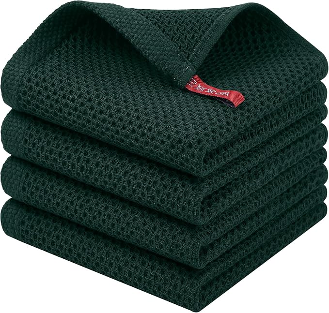 Homaxy 100% Cotton Waffle Weave Kitchen Dish Cloths, 4-Pack Ultra Soft Absorbent Dish Towels, Quick Drying Dish Rags, 12 x 12 Inches, Blackish Green