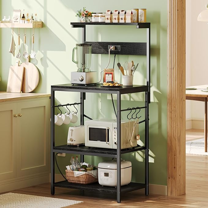 SUPERJARE Kitchen Bakers Rack with Power Outlet, Coffee Bar Table 4 Tiers, Kitchen Microwave Stand with 6 S-Shaped Hooks, Storage Shelf Rack for Spices, Pots and Pans - Black