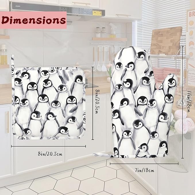 Funny Cute Penguin Heat-Resistant Silicone Oven Mitts and Pot Holder 4 Piece Set,Non-Slip Kitchen Oven Gloves for Baking, BBQ, Cooking,Grilling