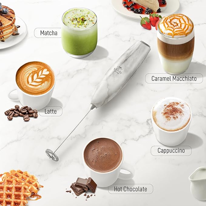 Zulay Powerful Milk Frother for Coffee with Upgraded Titanium Motor - Handheld Electric Whisk, Milk Foamer, Mini Mixer & Coffee Blender for Frappe, Latte, Matcha, No Stand - Marble