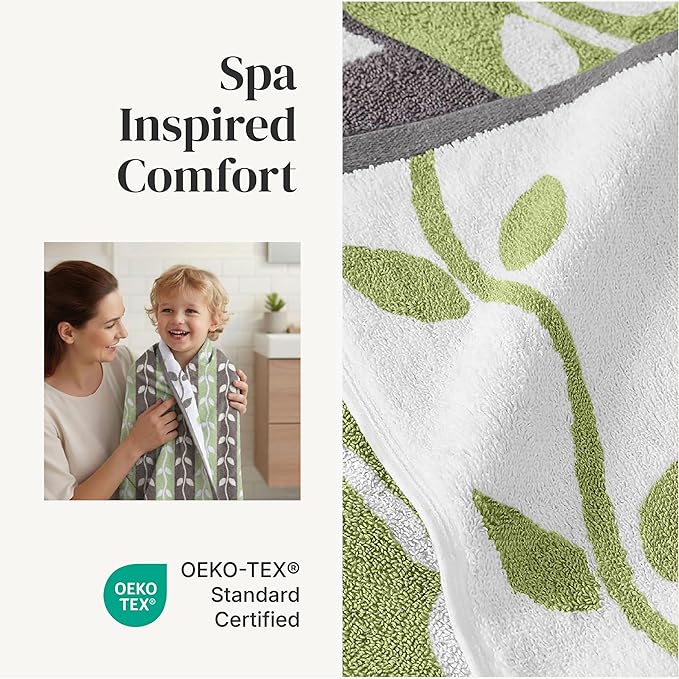 Modern Threads Natural Vine 6-Piece 100% Cotton Towel Set – Yarn Dyed Jacquard – Includes 2 Bath Towels, 2 Hand Towels, 2 Washcloths – Absorbent, Quick Dry, Soft & Durable – Gray