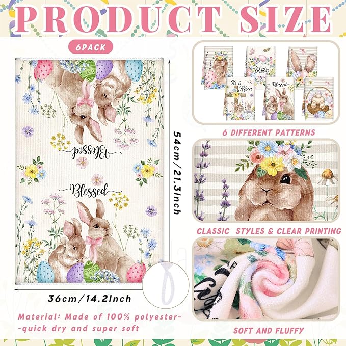 Breling Set of 6 Easter Decorations Happy Easter Kitchen Towels Rabbit Dish Towel Bathroom Decorative He is Risen Religious Christian Hand Cloths for Home Decorations Spring, 14 x 21 Inch