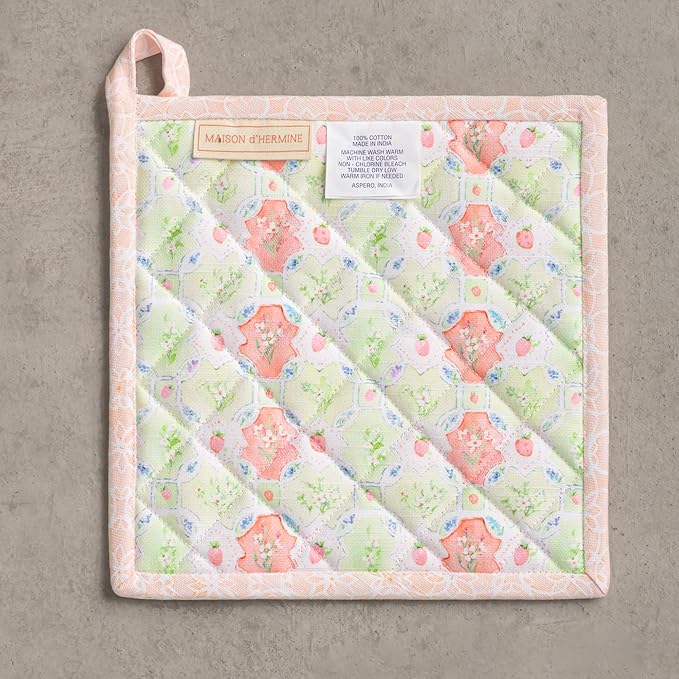 Maison d' Hermine Pot Holders 100% Cotton Heat Resistant Potholders 8" x 8" Hot Pads with Loop BBQ Cooking Baking Gifts for Mothers Day Handling Hot Pans Spring/Summer (Pack of 1, Bunny Party)