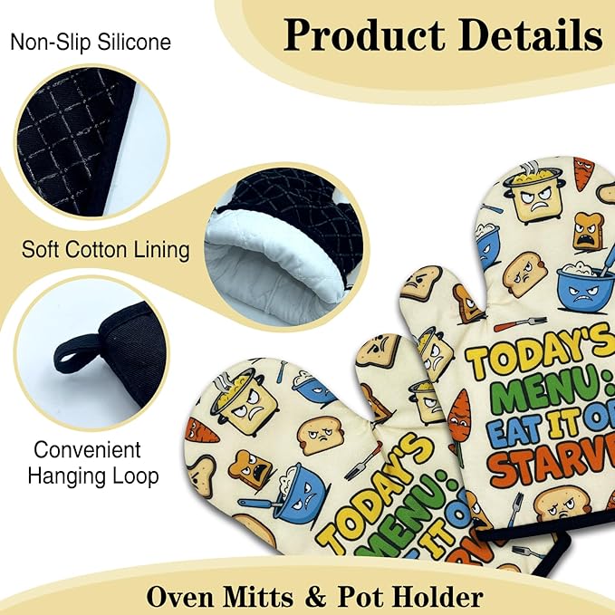 Funny Oven Mitts and Pot Holders Set of 3, Today's Menu Eat It or Starve, Heat Resistant Non-Slip Kitchen Mitts Hot Pads, Humor Kitchen Decor Gifts for Women Men Chef Friend Cooking Lovers