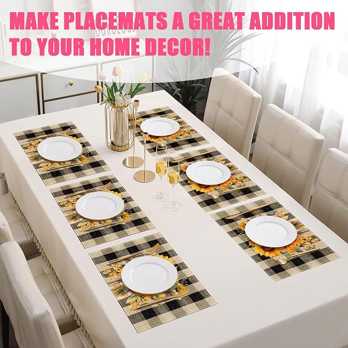 Watercolor Sunflower Placemats Set of 6,12x18 Inch Flower Floral Linen Place Mat Washable Stain Resistant Table Mats for Spring Summer Seasonal Farmhouse Kitchen Party Home Decor