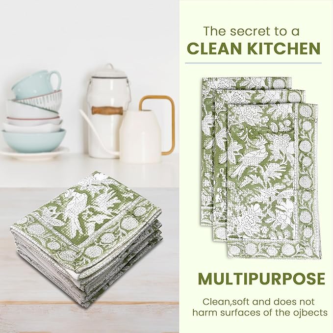 CPC Olive Green Hand Block Print Waffle Kitchen Towel Set of 3-16 x 28 Inch Ultra Absorbent Quick Dry Cotton Lightweight Reusable Sustainable Tea Towels for Cleaning and Drying Gift for Christmas