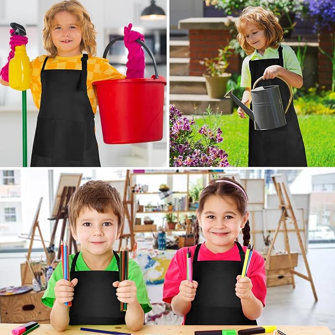 PLULON 8 Pcs Kids Aprons with 2 Pockets Painting Aprons for Kids Aprons Bulk, Paint Apron Adjustable Children Chef Aprons for Girls Boys Painting Baking Cooking Crafting - Black