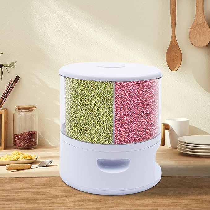 6 Grids Grain Dispenser Can, 360°Rotating Cereal Rice & Grain Storage Container Rotatable Sealed Grain Food Storage Bucket Dry Food Grain Dispenser for Grains Rice Dry Food Beans (24Lbs White)