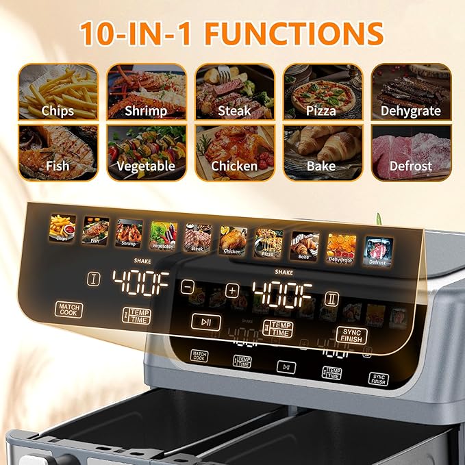 OLIXIS Dual Basket Air Fryer, 9.5 Quart Large Air Fryer with Double Basket, Independent TEMP Control, Sync Setting, Shake Reminder, 10 Presets for Bake, Broil, Defrost, Dehydrate, Grey