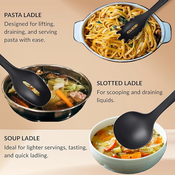 Supa Ant 5 Pieces Kitchen Cooking Utensils Set, XL Canning Scoop - Nylon Ladle with Holes - Pasta Spoon/Fork - Slotted Spoons Kitchen Gadgets Utensil Set
