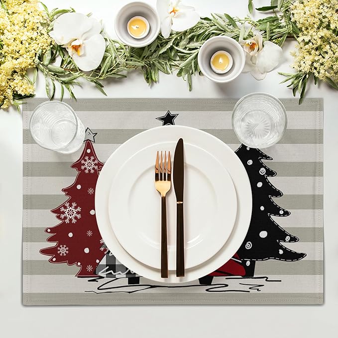 Xmas Tree Placemats Set of 4 Red Black Buffalo Plaid Pine Tree Non-Slip Washable Place Mats Stripe Decoration Table Mats 12 x 18 Inch for Winter Tabletop Holiday Party