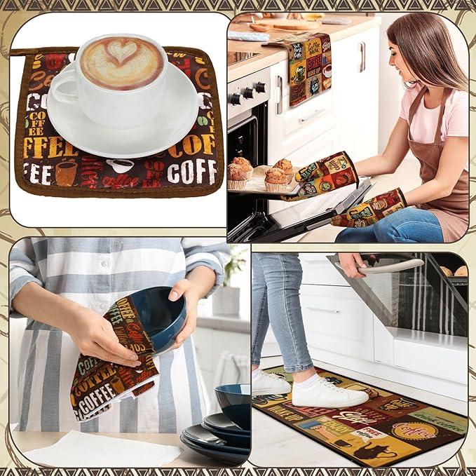 Fourluoo 10 Pcs Coffee Kitchen Decor and Accessories Coffee Oven Mitts and Pot Holders Set Dish Towels Farmhouse Kitchen Decor Retro Brown Gloves for Chef Baking Cooking Grilling BBQ Women Gift