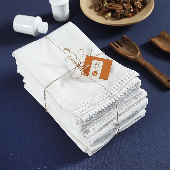 TARAN LIVING Kitchen Towels 100% Cotton Solid Kitchen Dish Cloths, Valentine Decor Hand Towel Reusuable Dish Towel for Cleaning & Drying Tea Towels Set with Hanging Loop - 18"x 28", Pack of 6 - White