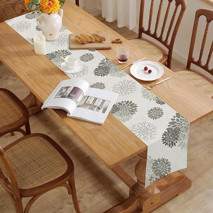Gray Dahlia Table Runner Modern Elegant Flower Beige Table Runners Geometric Pompon Farmhouse Coffee Table Center Decor for Home Kitchen Dining Party Indoor Outdoor (13x36 Inch)