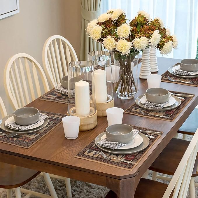 Rustic Brown Wildlife and Tribal Pattern Linen Placemats Set of 4, Heat Resistant Cute Bear Deer Table Mats for Dining Table Kitchen Party Cabin, Vintage Home Decor & Gifts for Outdoor Nature Lovers
