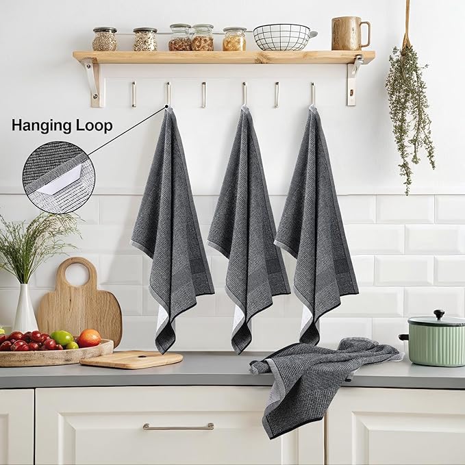 Mordimy Premium Kitchen Towels 12 Pack (18 x 28 Inches, Black), Large Cotton Kitchen Hand Towel, Flat & Terry Dish Towels for Drying Dishes, Super Absorbent Tea Dishtowels Set with Hanging Loop