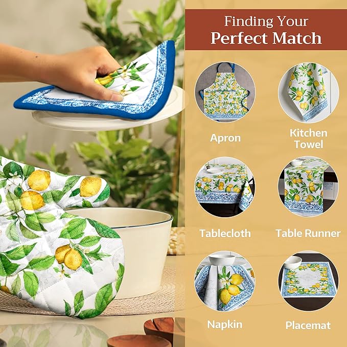 Maison d'Hermine Oven Gloves 100% Cotton Oven Mitt 7" x 13" with Loop Heat Resistant BBQ Cooking Gloves Baking Grilling Gifts for Mothers Day Spring/Summer (Pack of 1, Cedrat)
