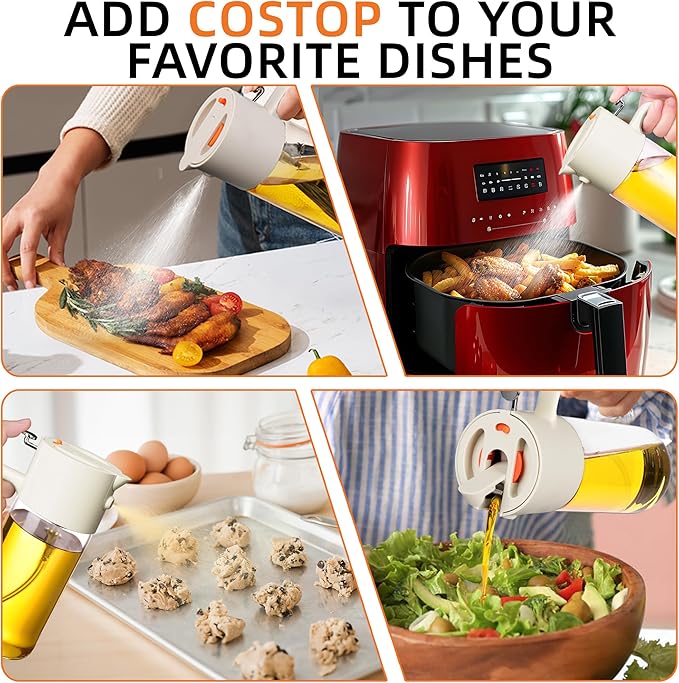 Costop Oil Sprayer for Cooking, 2025 Large Advanced Olive Oil Dispenser Bottle,500ml/17oz Glass Olive Oil Sprayer,2 in 1 Even Spray with Portion Control for Kitchen, Air Fryer, Salad, BBQ - White