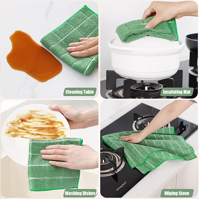 Homaxy Microfiber Kitchen Towels and Dishcloths Set, 20 Pack Soft and Absorbent Dish Hand Towels Bulk, 28 x 16 Inch & 12 x 12 Inch Quick Drying Rags for Washing Dishes, Grass Green