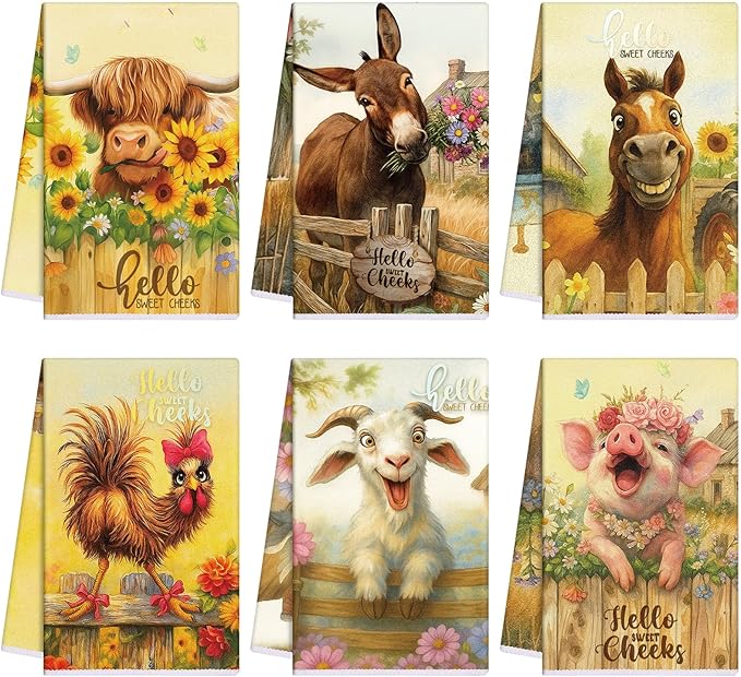 Breling Set of 6 Farmhouse Animal Kitchen Towels Funny Dish Towel Bathroom Decorative Sweet Cheeks Cloths for Kitchen Bathroom Home Cooking Housewarming Gifts, 14 x 21 Inch