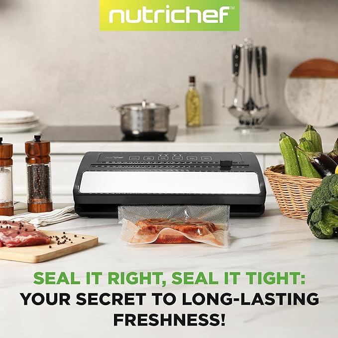 NutriChef Vacuum Sealer for Food - Automatic Electric Air Sealing Preserver System with Gentle and Normal Modes, Roll Cutter, Reusable Bags, Meal Prep Storage, Suitable for Dry/Moist Foods