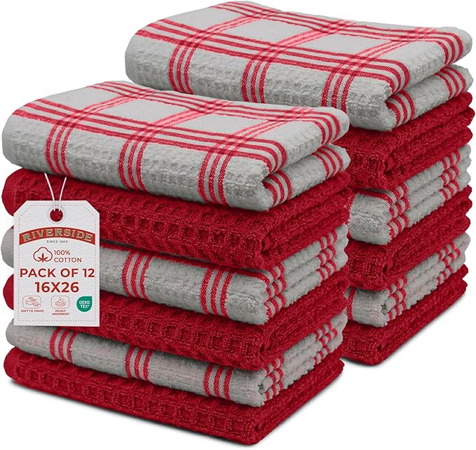 RIVERSIDE Pack of 12 Premium Kitchen Towels 16 x 26 Inches, 100% Cotton Kitchen Hand Towels, Super Soft and Highly Absorbent Dish Towels for Kitchen (Red)