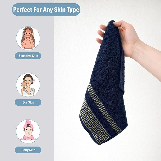 4 Piece WashCloth Set with Greek Key Design - 100% Cotton Soft & Absorbent Bathroom 12x19 in Small Towels - Soft Face Towels, Quick Dry Navy Blue Wash Cloth for Spa, Hotel & Home Use CC4