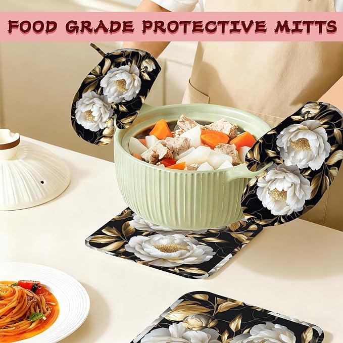 White Flowers Oven Mitts and Pot Holders (4PCS),Glitter Blooming Heat Resistant Non-Slip Silicone Kitchen Gloves for Cooking, Baking, BBQ Waterproof Kitchen Accessories