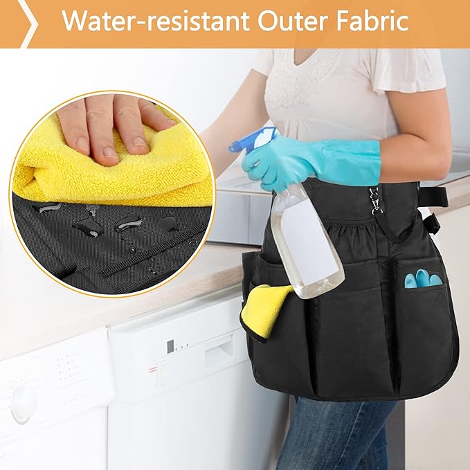 LoDrid Professional Cleaning Apron with 9 Pockets and Adjustable Waist Belt, Cleaning Caddy Aprons for Cleaning Work of House Hotel, Black