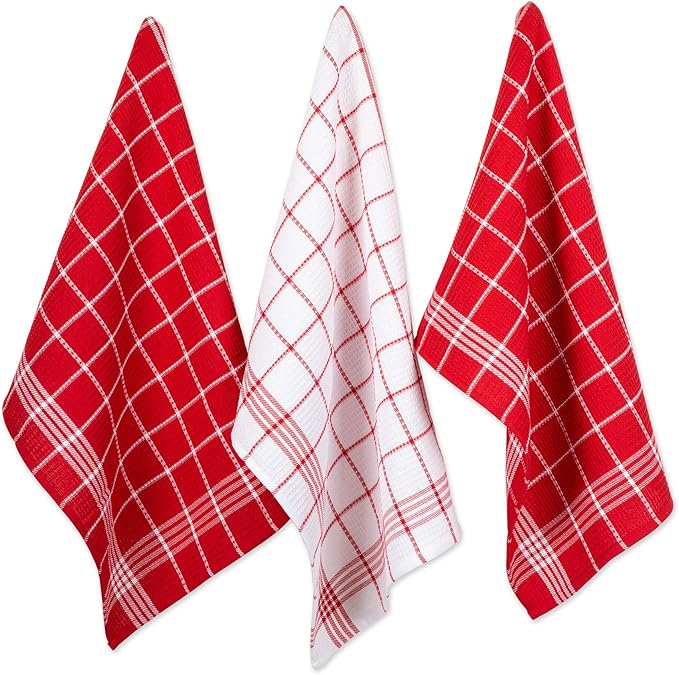 DII Waffle Weave Kitchen Collection 100% Cotton, Machine Washable, Fast Drying and Absorbent, Dishtowel Set, Red 6 Piece