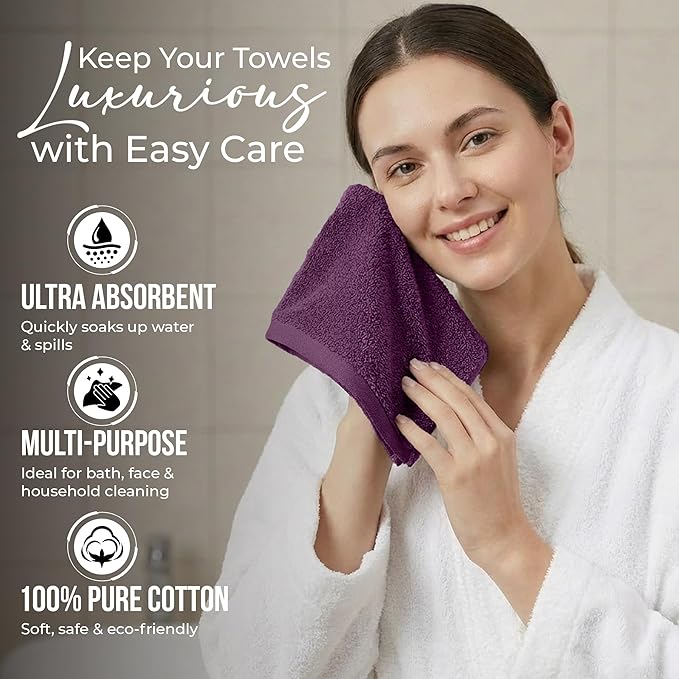 RIVERSIDE Pack of 12 Washcloths, 12 x 12 Inches, 100% Cotton, Premium Flannel Face Cloths, Highly Absorbent & Soft Feel Fingertip Towels (Purple Passion, 12 Pack)