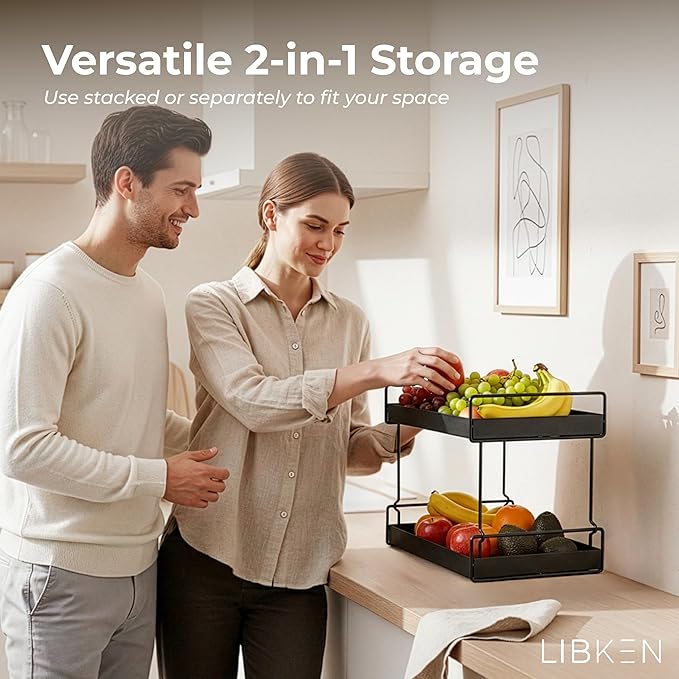 Libken 2-Tier Fruit Basket for Kitchen Counter – Black Powder Coated Metal Fruit Stand – Minimal Scandinavian Design Countertop Organizer for Fruits, Vegetables, Bread, Snacks – Sturdy & Easy Assembly