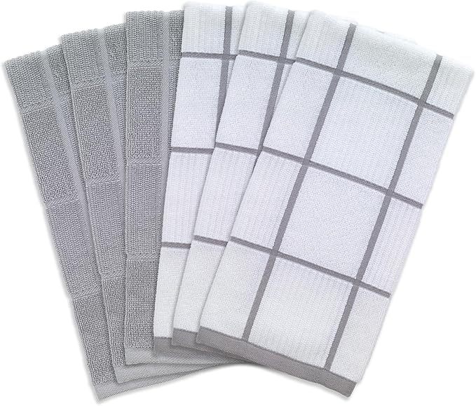 T-Fal Solid & Checked Parquet Kitchen Towels: Highly Absorbent, Super Soft Long Lasting - 100% Cotton, 16"x26" Dish Towels for Cleaning & Drying Dishes, Pans, Glassware, Countertops, 6-Pack, Gray