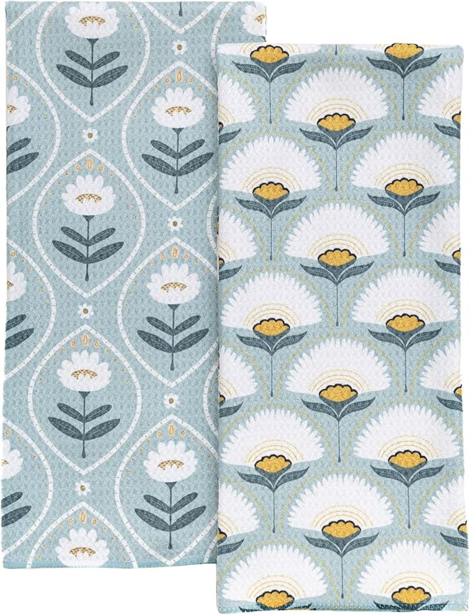 Premium Kitchen Tea Towel | Microfiber Waffle Weave | Quick Dry | Super Absorbent | Double-Sided Designer Prints | 2 Pack (Blue Blush)