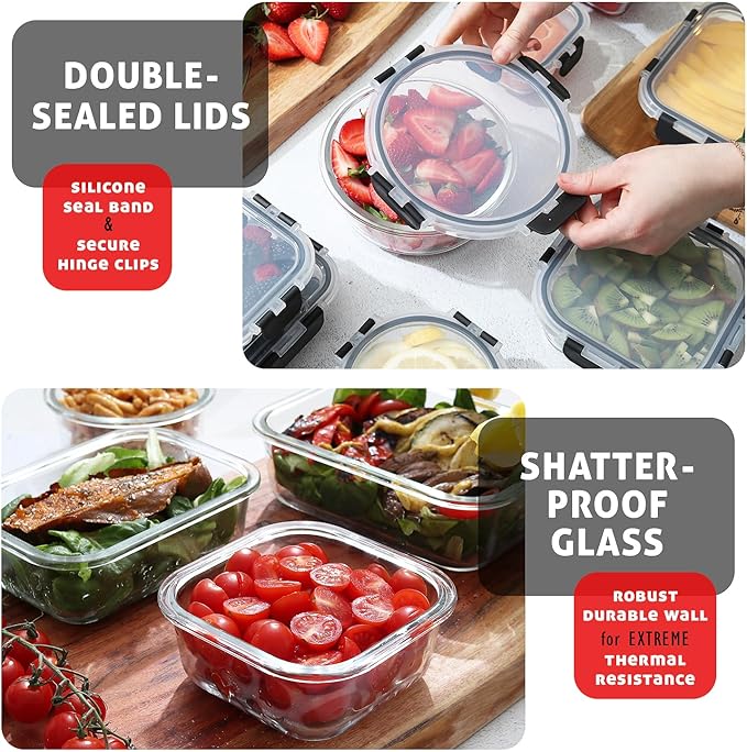 Nestl 48pc (24 Airtight, Freezer Safe Food Storage Containers and 24 Lids), Pantry Kitchen Storage Containers, Glass Meal Prep Container for Lunch, Glass Storage Containers with Lids Black