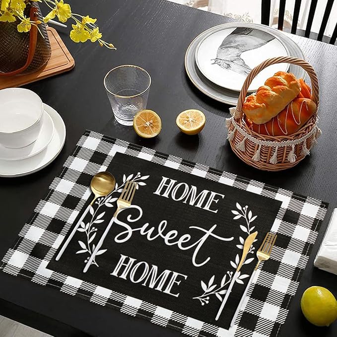 Buffalo Plaid Placemats Set of 8, Black White Farmhouse Placemats - Linen Washable Heat Resistant Waterproof Place Mats for Ktichen Dining Table 18 X 12 Inch, Plaid