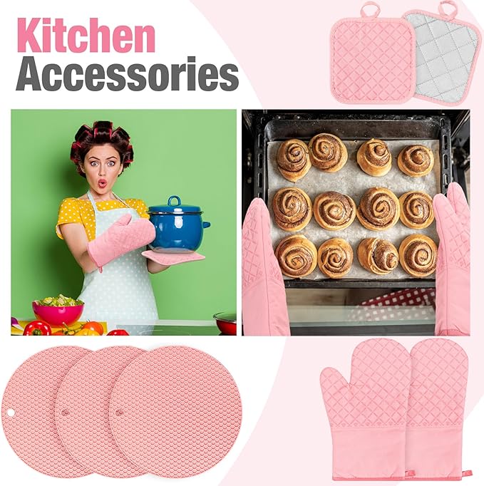 Pink Oven Mitts and Pot Holders 7 Sets, Heat Resistant Kitchen Gloves Pads Potholders for Women Gifts Pot Holders Kitchen Accessories Gift(Pink,Rubber Cotton,Honeycomb)