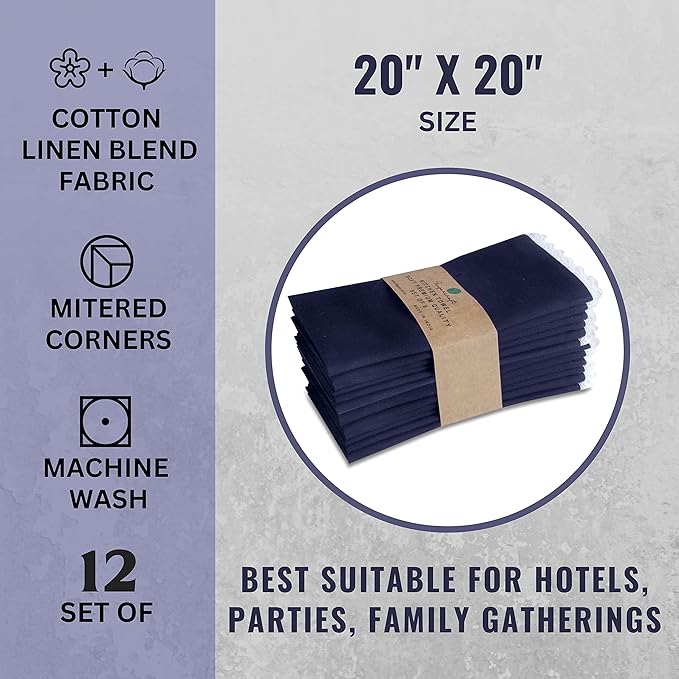 Fingercraft Dinner Cloth Napkin Cotton Linen Set of 12 Mitered Corners with Natural Elegant Lace for Everyday Use Napkins are Pre Shrunk and Good Absorbency with Lace 20x20 in Navy Easter Color