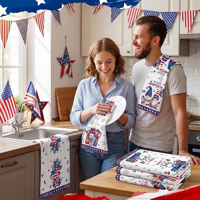 Breling Set of 6 4th of July Kitchen Towels Patriotic Themed Dish Towel Bathroom Decorative Rustic Cloths for Independence Day Kitchen Bathroom Home Cooking Housewarming, 14 x 21 Inch