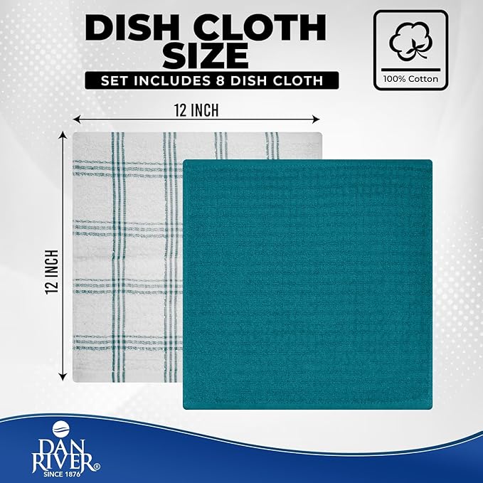 DAN RIVER Premium Dish Cloth 100% Cotton 12 X 12 Inches |Pack of 8|-Ultra Soft Tea Towels-Highly Absorbent Kitchen Rags-Terry Dishcloth for Kitchen and Household Cleaning |Teal|