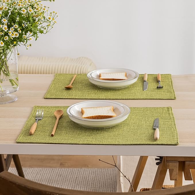 Kevin Textile Burlap Linen Placemats Set of 6 Heat Resistant Dining Table Place Mats Washable Kitchen Table Mats for Dinning Party Holiday Indoor Outdoor, 13 x19 inches, Linden Green