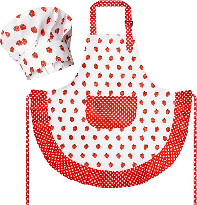 R HORSE Kid Apron and Chef Hat Set - 2Pcs Strawberry Adjustable Children Kitchen Toddler Apron for Girls, Role Play Chef Toy Cooking Baking Painting and Training Kits Kid Funny Cooking Birthday Gift